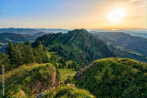 Fototapeta Naklejka Na Ścianę i Meble -  panoramic mountain landscape at sunset on the ridge of the Nagelfluh mountains chain chain near Oberstaufen, Allgaeu area, Bavaria, Germany, 