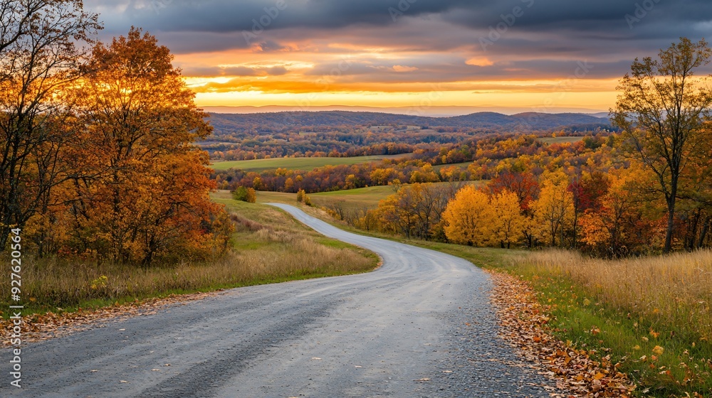 Fototapeta premium An autumn landscape featuring a long, winding road lined with trees in full fall color, with a thick carpet of leaves covering the road and the distant hills bathed in the golden light of sunset