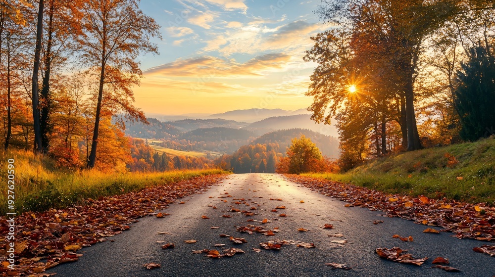 Obraz premium An autumn landscape featuring a long, winding road lined with trees in full fall color, with a thick carpet of leaves covering the road and the distant hills bathed in the golden light of sunset