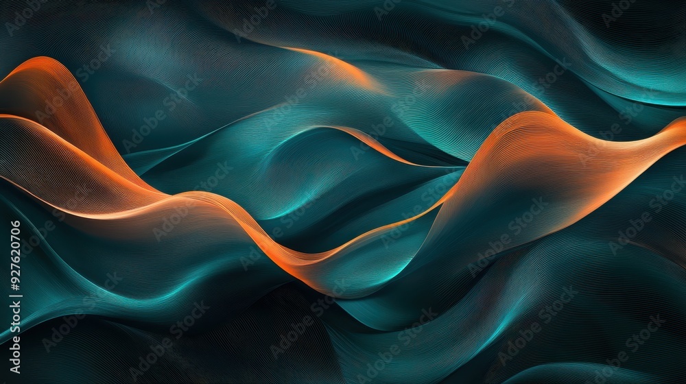 Obraz premium Abstract Teal and Orange Wavy Lines Background - Digital Art, Modern Design, Futuristic Texture