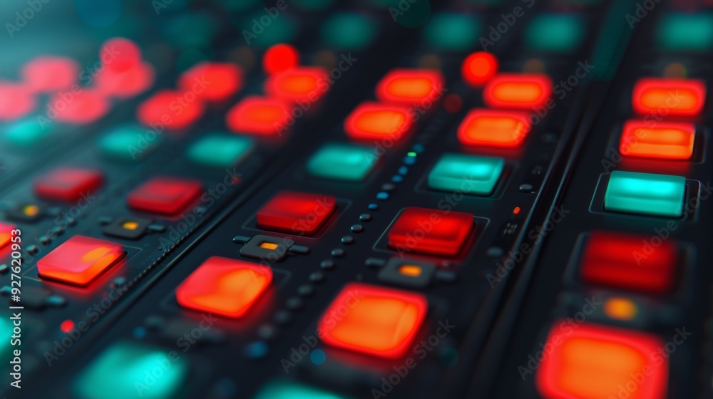 Close-up of a colorful LED control panel with glowing red, green, and blue buttons, showcasing modern technology and electronic equipment. Close-up of a colorful LED control panel with glowing red, green, and blue buttons, showcasing modern technology and electronic equipment.