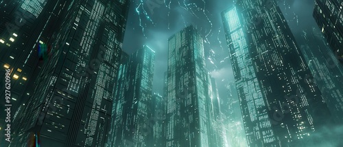 Futuristic Cityscape with Glowing Windows at Night - Cyberpunk Architecture.