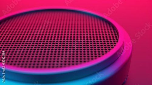 Close-up of a modern wireless speaker with vibrant pink and blue lighting, showcasing its stylish and sleek design for tech enthusiasts.