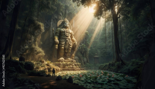 Huge statue of Lord Hanuman in mysterious forest 