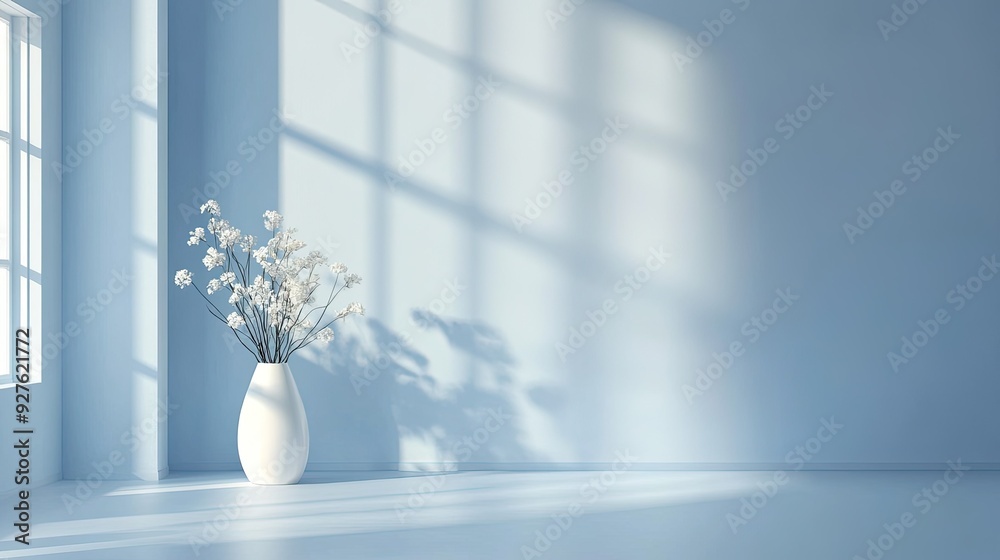 A simple blue room with a window and a white vase holding flowers, creating a clean and inviting space. A simple blue room with a window and a white vase holding flowers, creating a clean and inviting space.