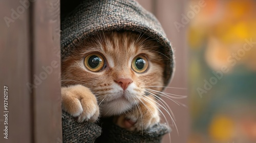 Wallpaper Mural A curious cat peeking out from a cozy place, wearing a cute hooded sweater. Perfect for cat lovers and cozy aesthetic themes. Torontodigital.ca