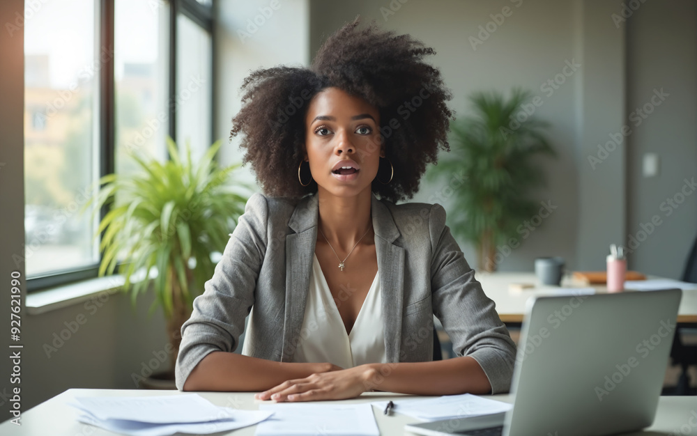 black woman with surprise facial expression at office black woman with surprise facial expression at office
