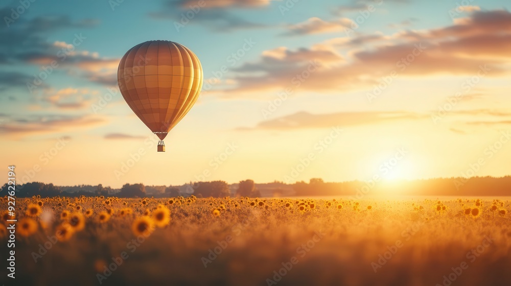 Obraz premium A hot air balloon floating over a sunflower field at dawn, with the warm colors of summer lighting up the scene