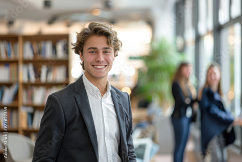 Confident Young Male Lawyer Smiling in Bright Office with Colleagues in Motion photo