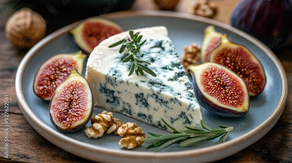 A slice of blue cheese on a plate with sliced figs, whole walnuts, and a sprig of rosemary, showcasing a harmonious blend of textures and flavors. A slice of blue cheese on a plate with sliced figs, whole walnuts, and a sprig of rosemary, showcasing a harmonious blend of textures and flavors.