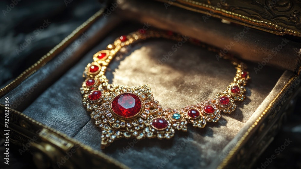 A stunning red and gold necklace rests in a jewelry box, its intricate design highlighted by the soft glow of light. A stunning red and gold necklace rests in a jewelry box, its intricate design highlighted by the soft glow of light.