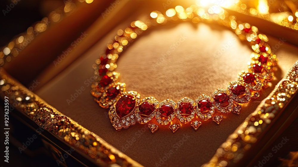 A stunning red and gold necklace rests in a jewelry box, its intricate design highlighted by the soft glow of light.