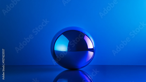 Shiny blue sphere reflecting light on a smooth surface in a dimly lit environment