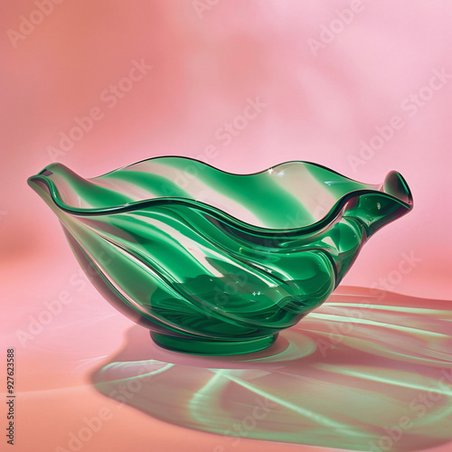 A weavy green glass bowl with and pink background