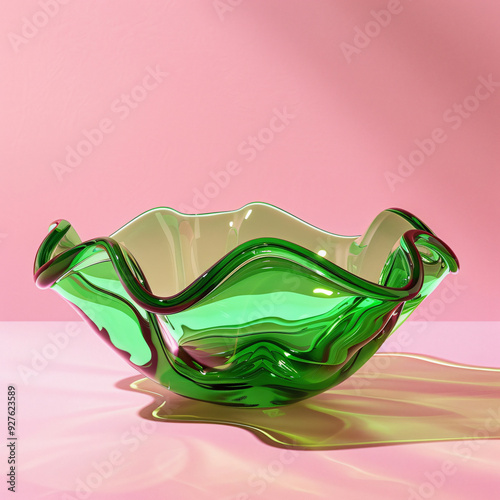 A weavy green glass bowl with a pink background