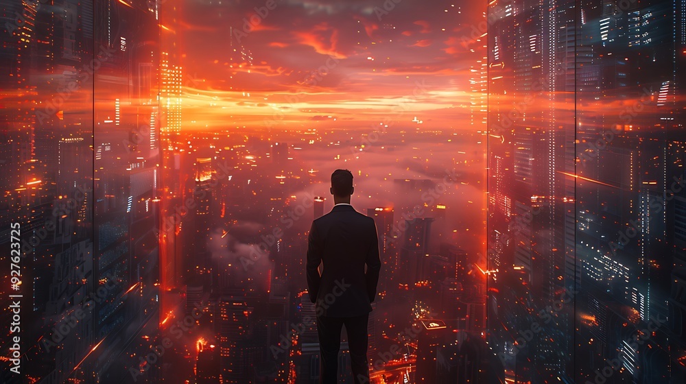 A leader in a sleek suit standing in front of a futuristic corporate building, surrounded by holograms of strategic plans and innovative ideas, with the city skyline reflected in the glass facade,
