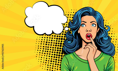 A sexy brunette girl is thoughtful and looks at the speech place of your advertisement. Advertising vector design of girls presenting something in pop art style