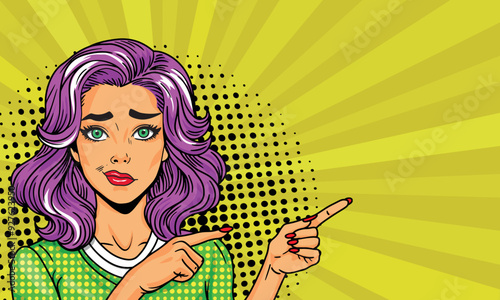 A sexy girl with purple hair is showing something in your ad. Advertising vector design of girls presenting something in pop art style