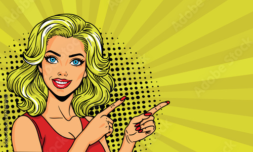 A sexy blonde shows something at the site of your advertisement. Advertising vector design of girls presenting something in pop art style