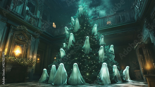 Christmas tree decorated with ghost ornaments in a haunted mansion. Halloween and Christmas fusion concept.