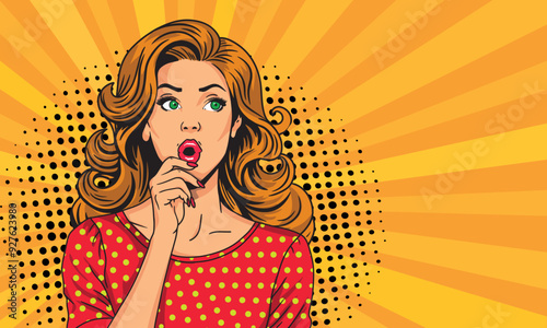 A sexy red-haired girl is thoughtful and watching your advertisement. Advertising vector design of girls presenting something in pop art style