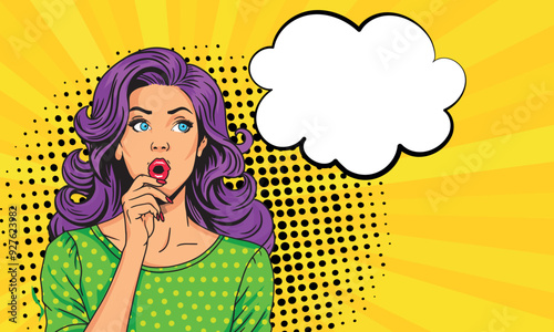 A sexy girl with purple hair is thoughtful and looks at the speech place of your advertisement. Advertising vector design of girls presenting something in pop art style