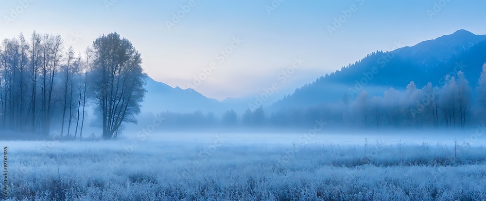 Misty morning in a mountain valley with a frosted meadow and a line of trees. Misty morning in a mountain valley with a frosted meadow and a line of trees.