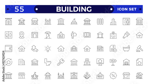 Building web icons in line style. Hotel, hospital, apartment, city, town house, mall, coffee, collection.