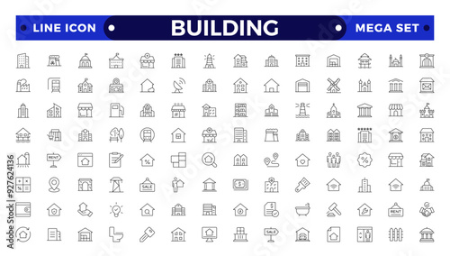 Building web icons in line style. Hotel, hospital, apartment, city, town house, mall, coffee, collection.