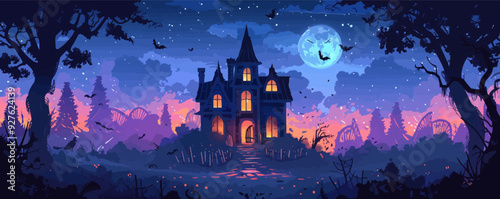 Haunted house with a spooky face. Vector flat isolated.