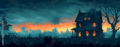 Haunted house silhouette with broken windows. Vector flat isolated.