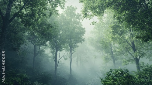 A tranquil forest of lush green trees, enveloped in a gentle mist, with diffused light creating a serene and otherworldly mood. photo