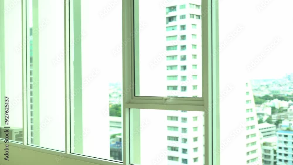 Two businessmen walking in modern office space with large windows offering a view of the city skyline. Two businessmen walking in modern office space with large windows offering a view of the city skyline.