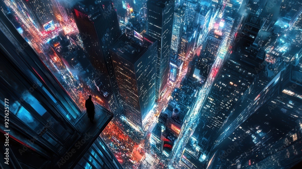 Man Standing on Rooftop Looking Over the City Lights at Night. Man Standing on Rooftop Looking Over the City Lights at Night.