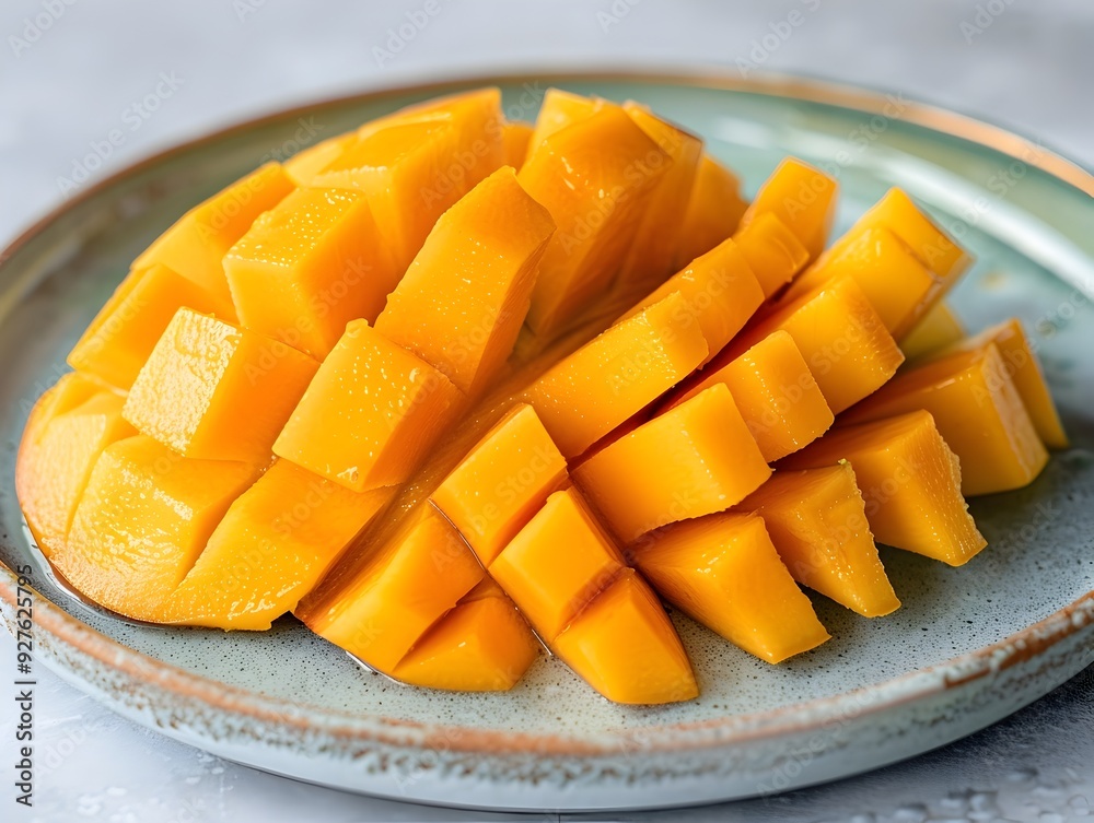 Close up View of Vibrant Mango Slices Artfully Arranged on a Plate Highlighting the Fruit s Rich Color and Juicy Texture Close up View of Vibrant Mango Slices Artfully Arranged on a Plate Highlighting the Fruit s Rich Color and Juicy Texture