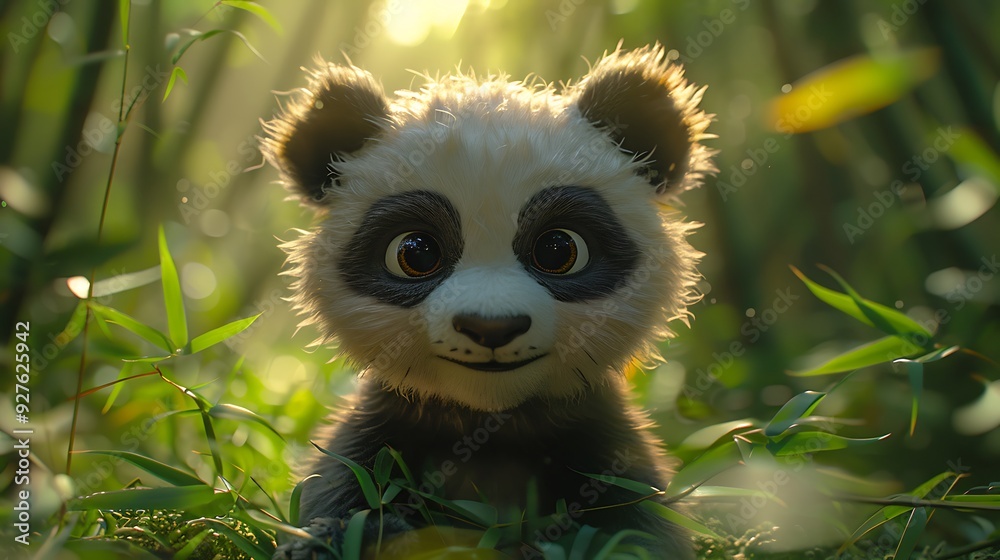 A fluffy panda with oversized, sparkling eyes and small ears, sitting in a bamboo forest, the sunlight filtering through the leaves creating a soft, magical glow, A fluffy panda with oversized, sparkling eyes and small ears, sitting in a bamboo forest, the sunlight filtering through the leaves creating a soft, magical glow,