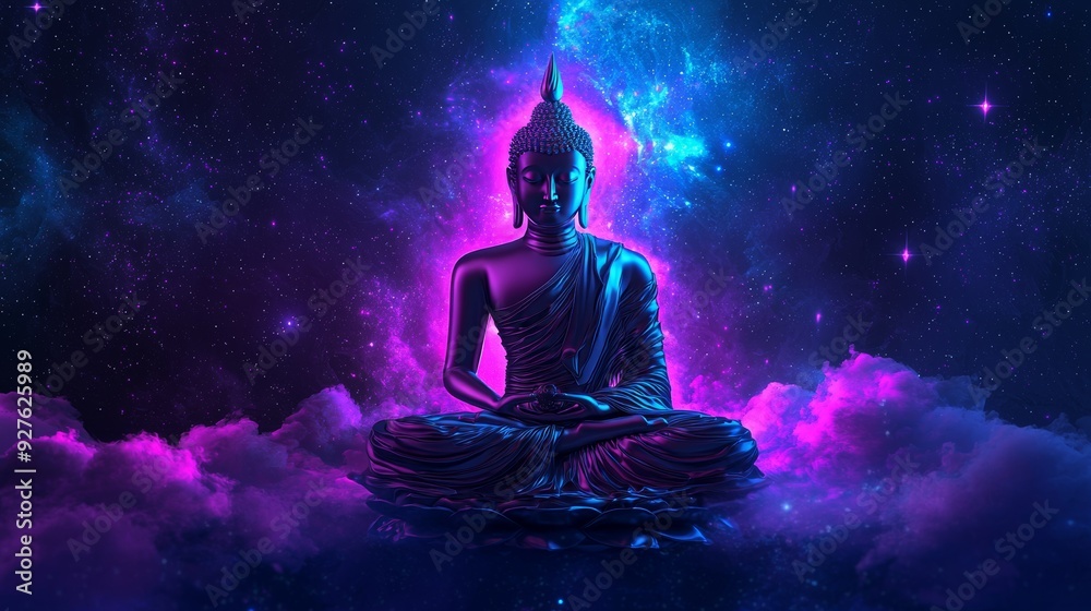 Buddha Meditating in Vibrant Cosmic Nebula Buddha Meditating in Vibrant Cosmic Nebula