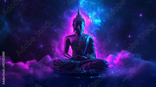 Buddha Meditating in Vibrant Cosmic Nebula