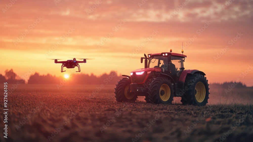 Fototapeta premium Autonomous agriculture vehicle and drone self driving, 5G technolohy with smart farming concept