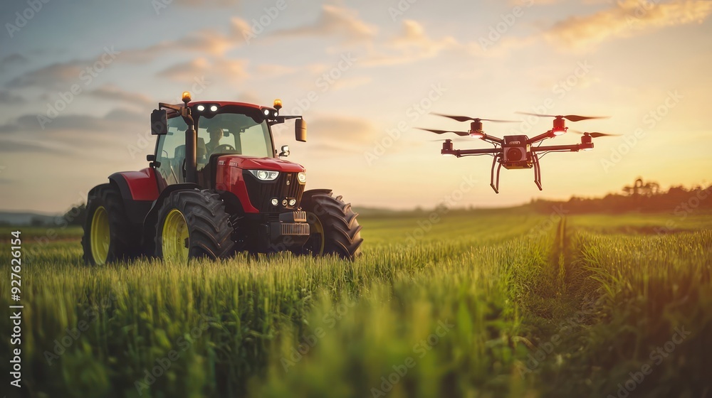 Fototapeta premium Autonomous agriculture vehicle and drone self driving, 5G technolohy with smart farming concept