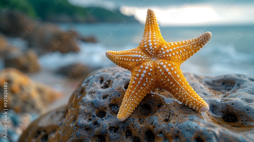 A happy starfish with a wide grin, sitting on a smooth rock near a tide pool, the background a soft blur of the ocean and a clear sky, capturing the essence of a peaceful day by the sea, hd quality, A happy starfish with a wide grin, sitting on a smooth rock near a tide pool, the background a soft blur of the ocean and a clear sky, capturing the essence of a peaceful day by the sea, hd quality,