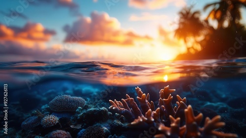 A stunning sunset over a clear ocean, highlighting vibrant coral reefs and silhouetted palm trees, creating a tranquil tropical paradise.