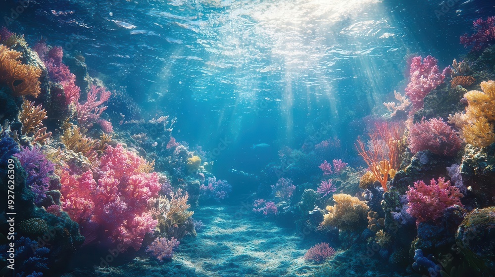 Fototapeta premium Vast underwater landscape with contrasting textures of rocky outcrops and soft coral gardens, capturing the diverse and rich environments of the sea