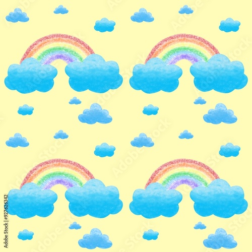 Rainbow and cloud seamless pattern on yellow background