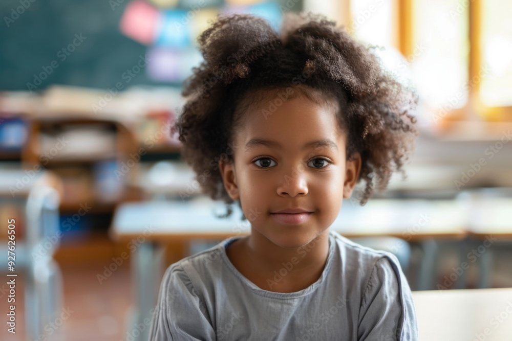 Cute little girl in blurred classroom looking at camera Cute little girl in blurred classroom looking at camera