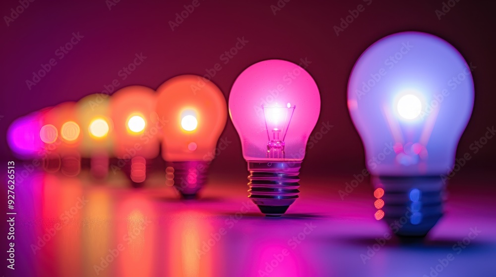 Row of glowing light bulbs with vibrant colors Row of glowing light bulbs with vibrant colors