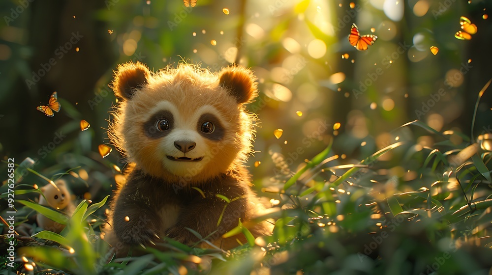 A playful panda with large, twinkling eyes and tiny ears, standing on its hind legs in a bamboo forest, surrounded by butterflies and soft rays of sunlight, A playful panda with large, twinkling eyes and tiny ears, standing on its hind legs in a bamboo forest, surrounded by butterflies and soft rays of sunlight,