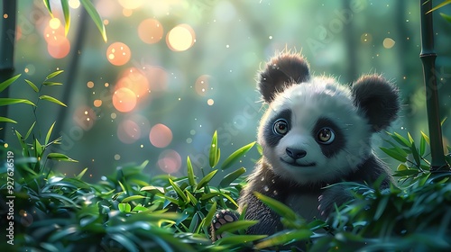 A kawaii-style panda with big, twinkling eyes, sitting on a pile of bamboo leaves, the background filled with soft bokeh lights and a gradient of pink and green, creating a dreamy atmosphere,