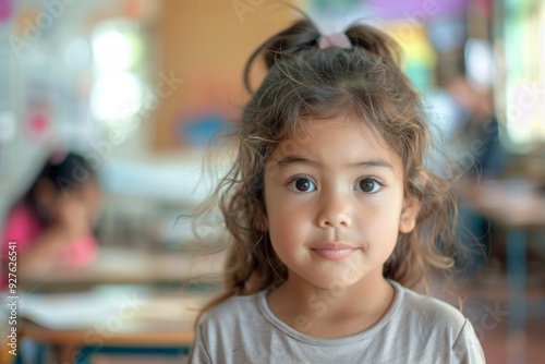 Cute little girl in blurred classroom looking at camera