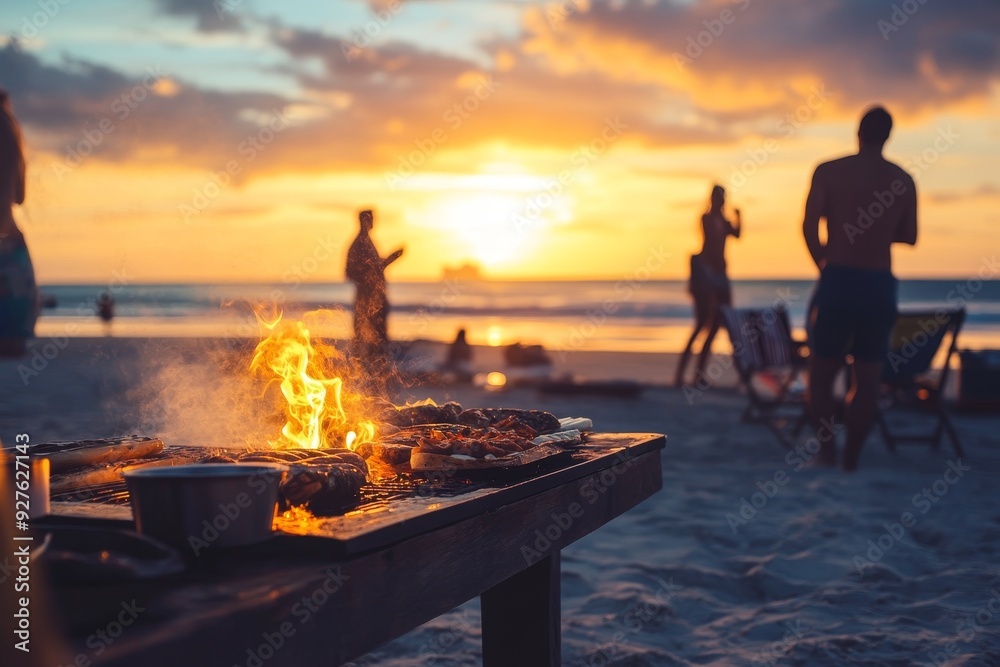 Fototapeta premium Flaming grill with food in foreground, silhouettes of people enjoying sunset on beach in background